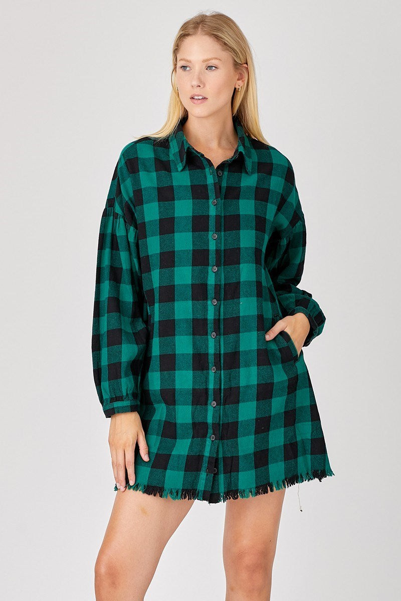 Risen - Green Plaid Distressed Shirt Dress