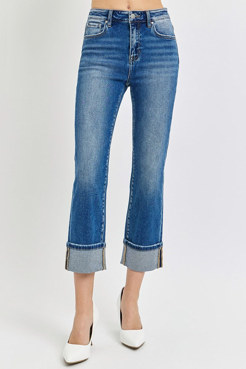 Risen - High Rise Ankle Straight Cropped Jeans -Medium Wash