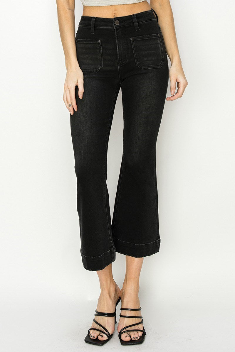 Risen - High Rise Patch Pocket Ankle Flare Jeans Black