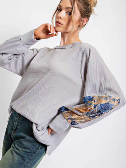 Mixed Sleeves Long Sleeve Top - Grey