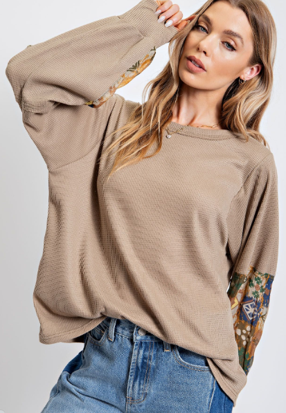 Mixed Sleeves Long Sleeve Top - Mocha