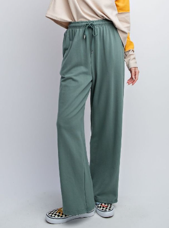 Wide Leg French Terry Pants - Jungle Green