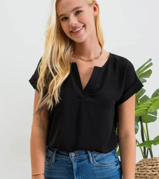 V-Neck Button Back Short Sleeve Top - Black