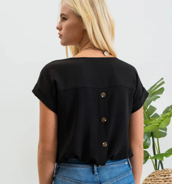 V-Neck Button Back Short Sleeve Top - Black