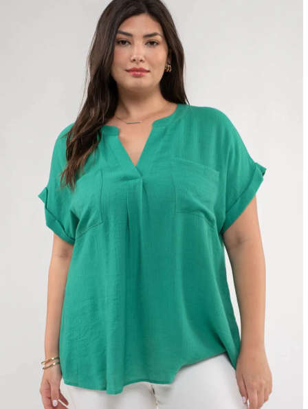 V-Neck Button Back Short Sleeve Top - Kelly Green