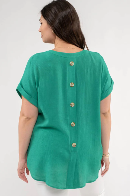 V-Neck Button Back Short Sleeve Top - Kelly Green