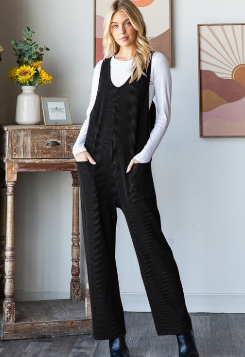 Ribbed Fabric Jumpsuit - Black