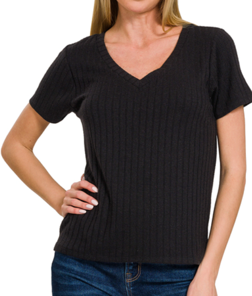 Ribbed Short Sleeve Top - Black