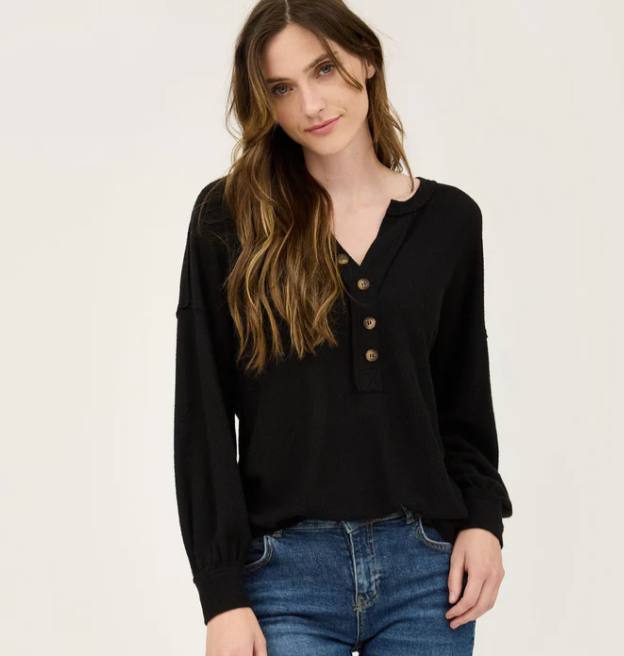 V-Neck Half Button Long Sleeve - Black