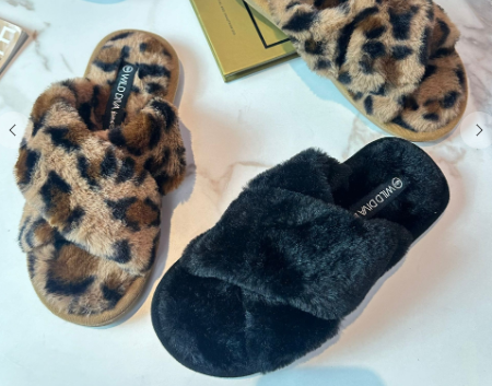 Faux Fur Criss Cross Slippers - Leopard