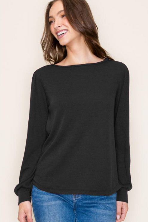 Ribbed Puff Sleeve Top - Black