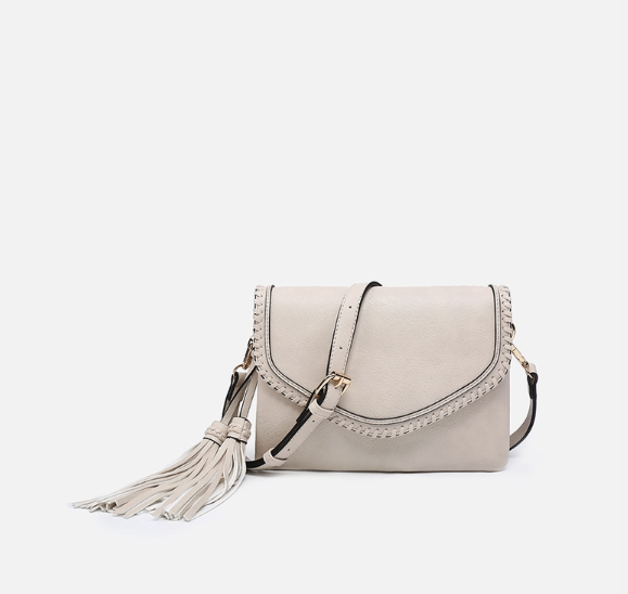 Jen & Co Crossbody Whipstitch & Tassels - Greige