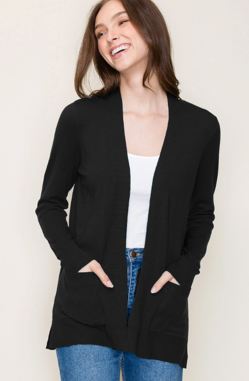 Open Front Cardigan with Pockets - Black