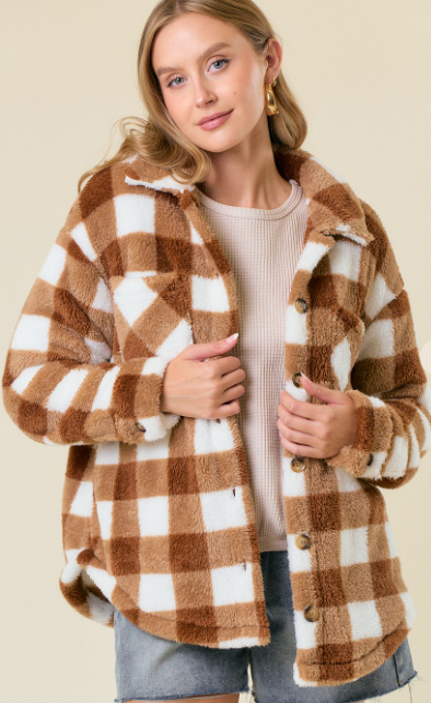 Buffalo Plaid Sherpa Jacket - Caramel