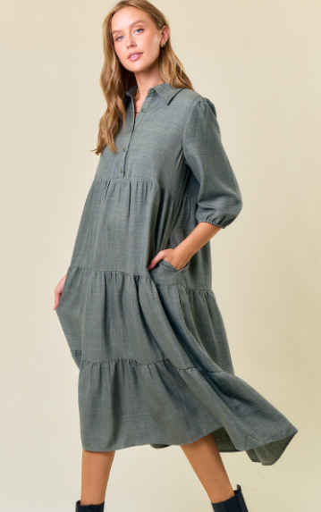 3/4 Sleeve Tiered Midi Dress - Olive Green