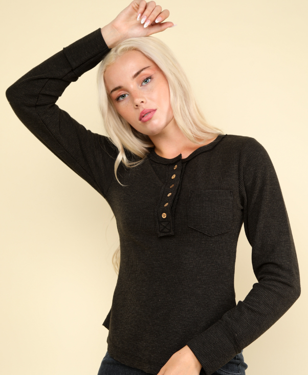 Waffle Knit Henley Top - Black