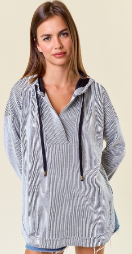 V-Neck Striped Tunic Style Hoodie