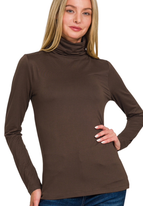 Microfiber Mock Neck Top - Brown