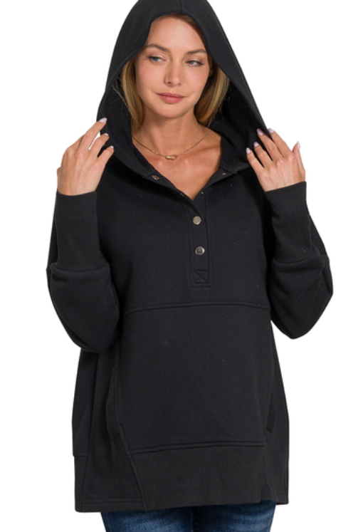 Half Button Fleece Hooded Pullover - Black