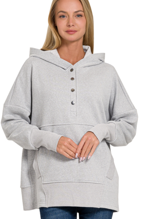 Half Button Fleece Hooded Pullover - Heather Grey