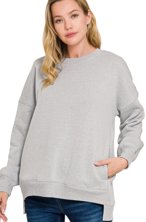 Fleece Hi-Lo Pullover w-Pockets - Heather Grey