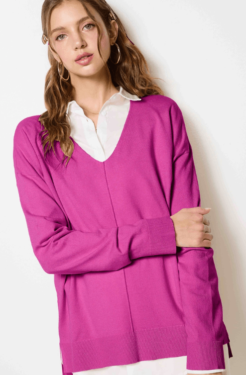 V-Neck Long Line Sweater - Candy