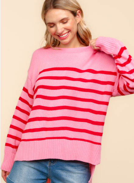 Striped Hi-Lo Sweater - Pink