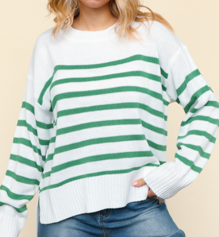 Striped Hi-Lo Sweater - White Green