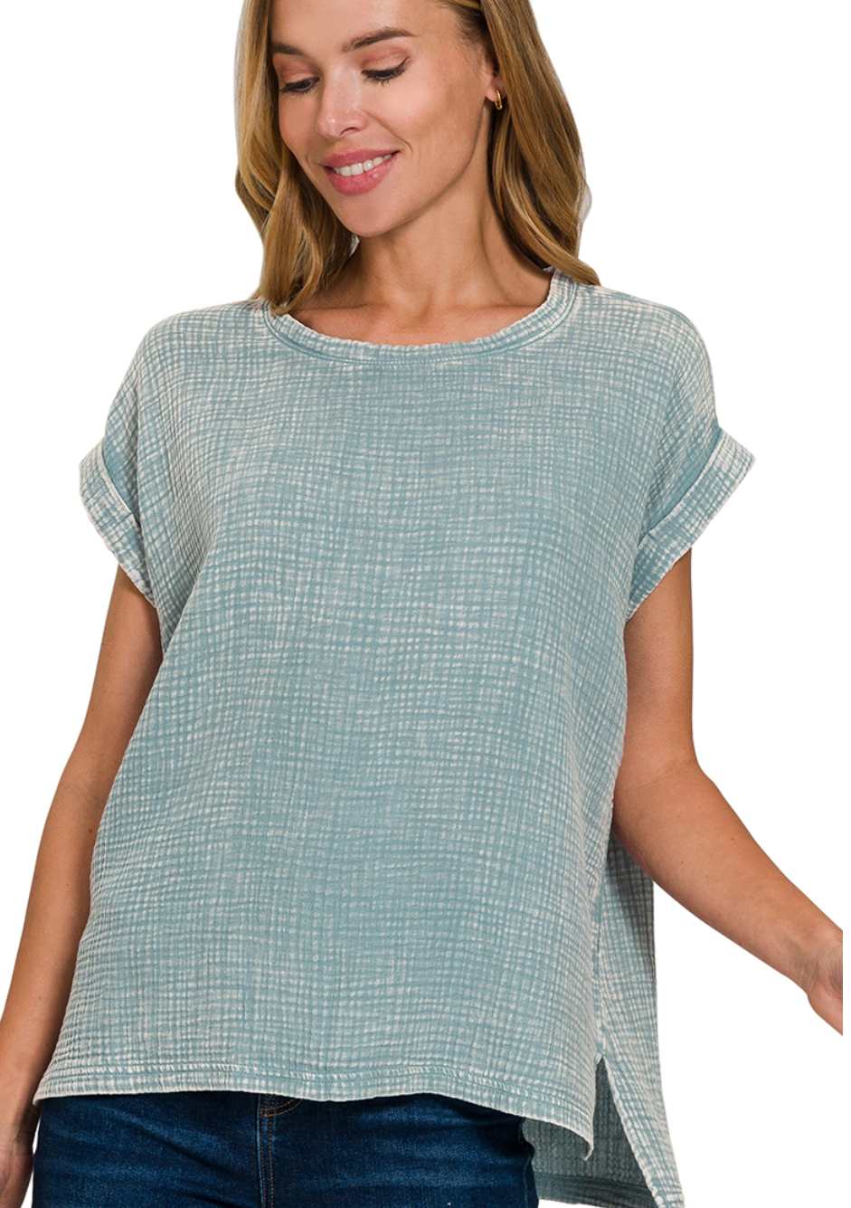 Cotton Rolled Sleeve Top - Blue Grey
