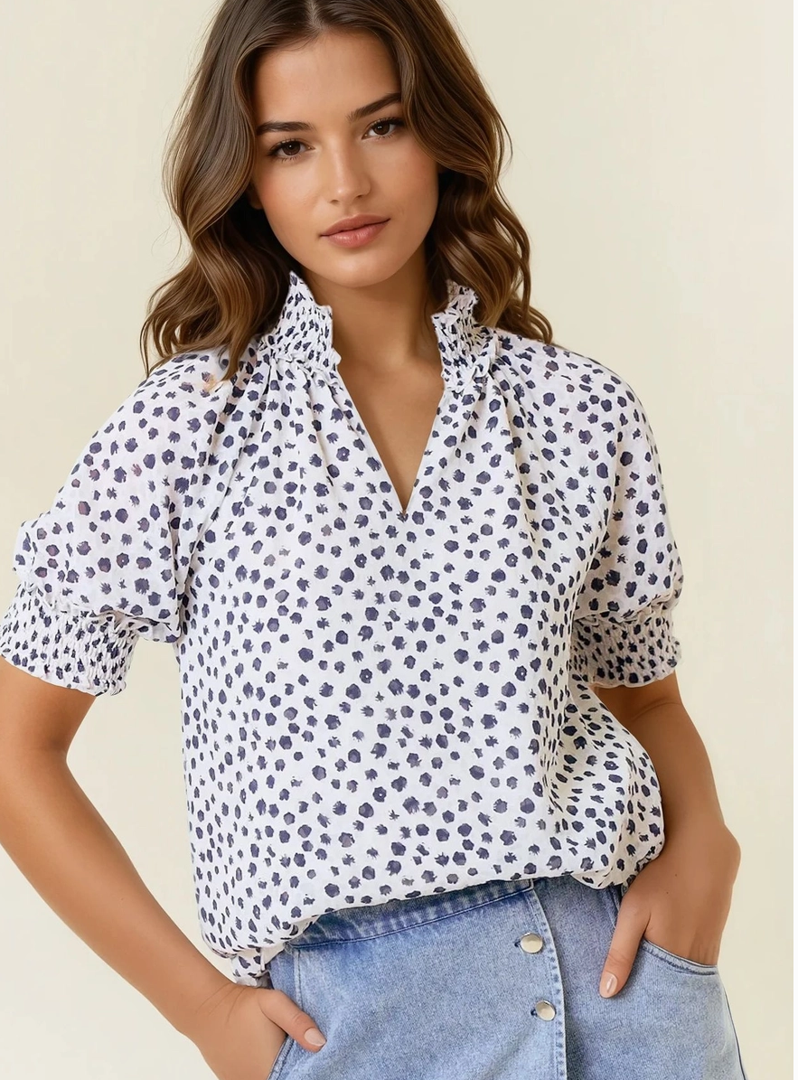 Jacquard Dot Short Sleeve Top - Black