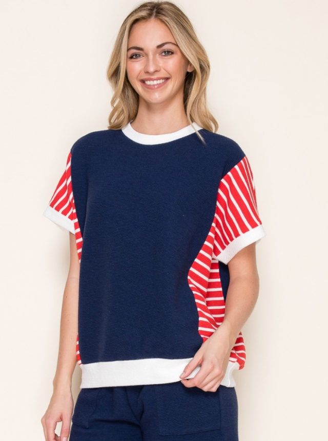 Cloudy Knit Red White and Blue Short Sleeve