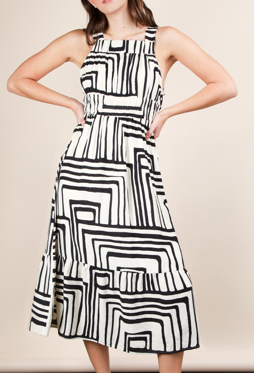 Boho Midi Dress - Cream Black