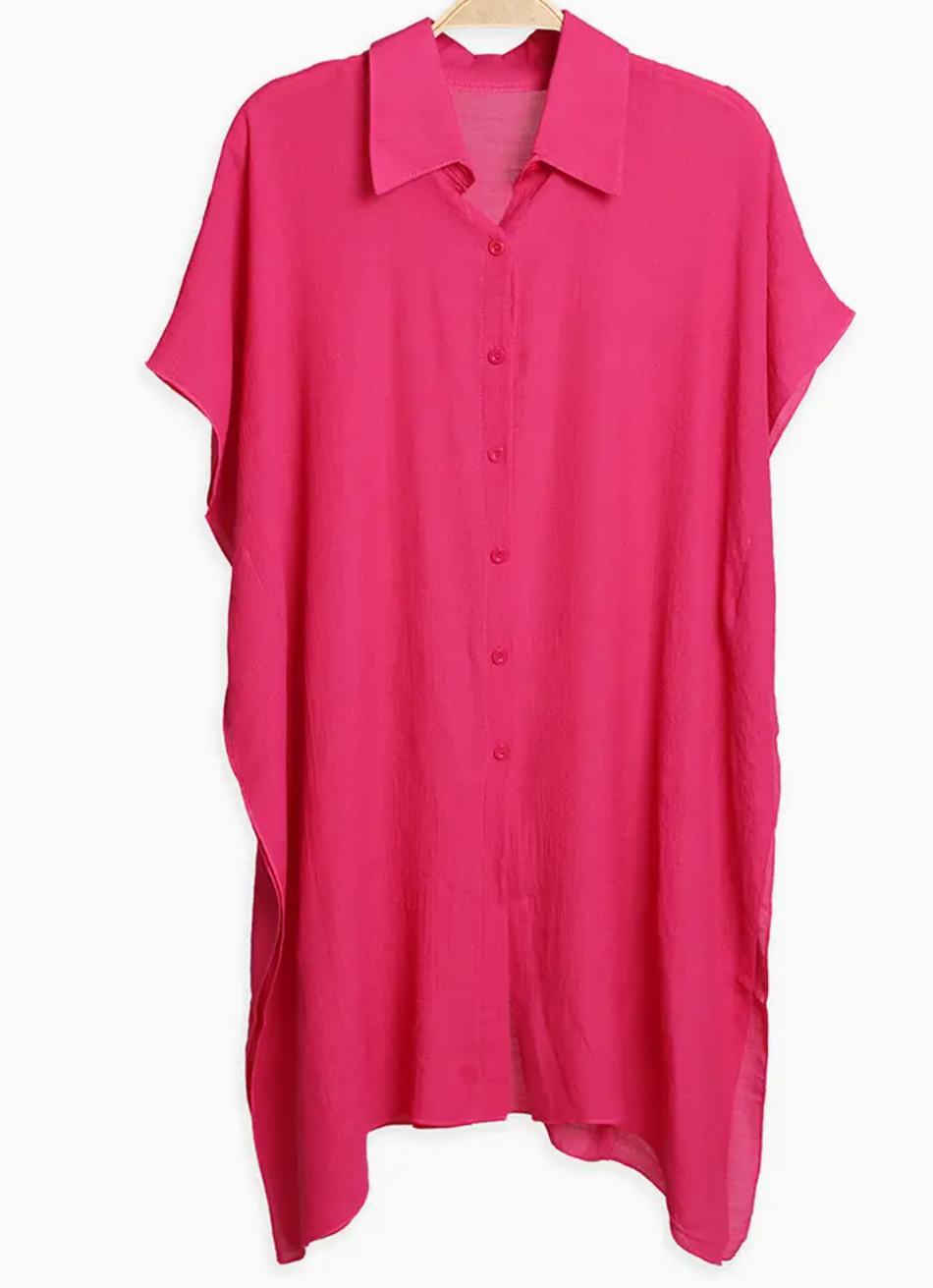 Shirt Dress Cover Up - Fuschia