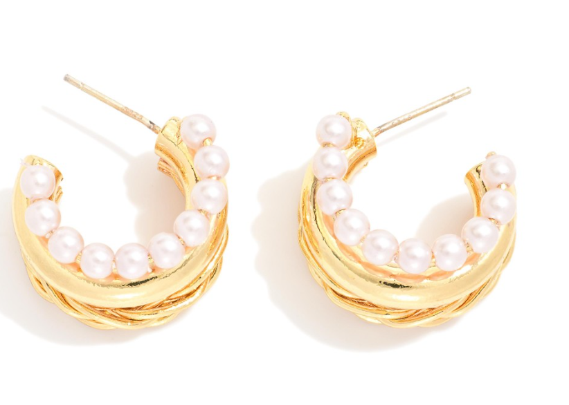 Triple Hoop Pearl Earrings Gold Dipped - Gold