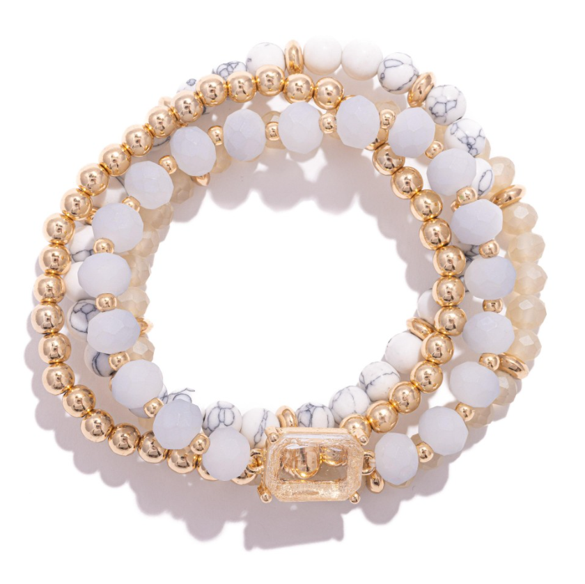 Beaded Stretch Bracelet Set - White