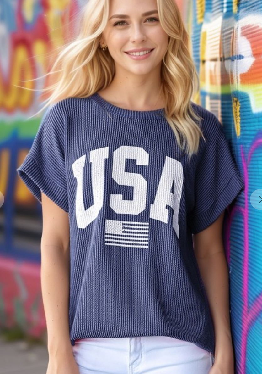 USA Ribbed Short Sleeve Top - Navy