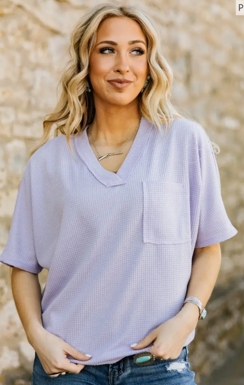 Two Tone Waffle Short Sleeve Top - Lilac Mist