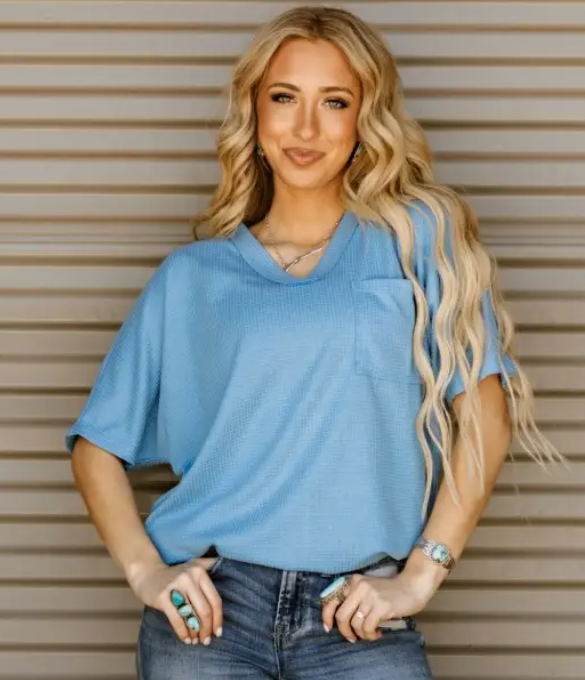 Two Tone Waffle Short Sleeve Top - Ocean Blue