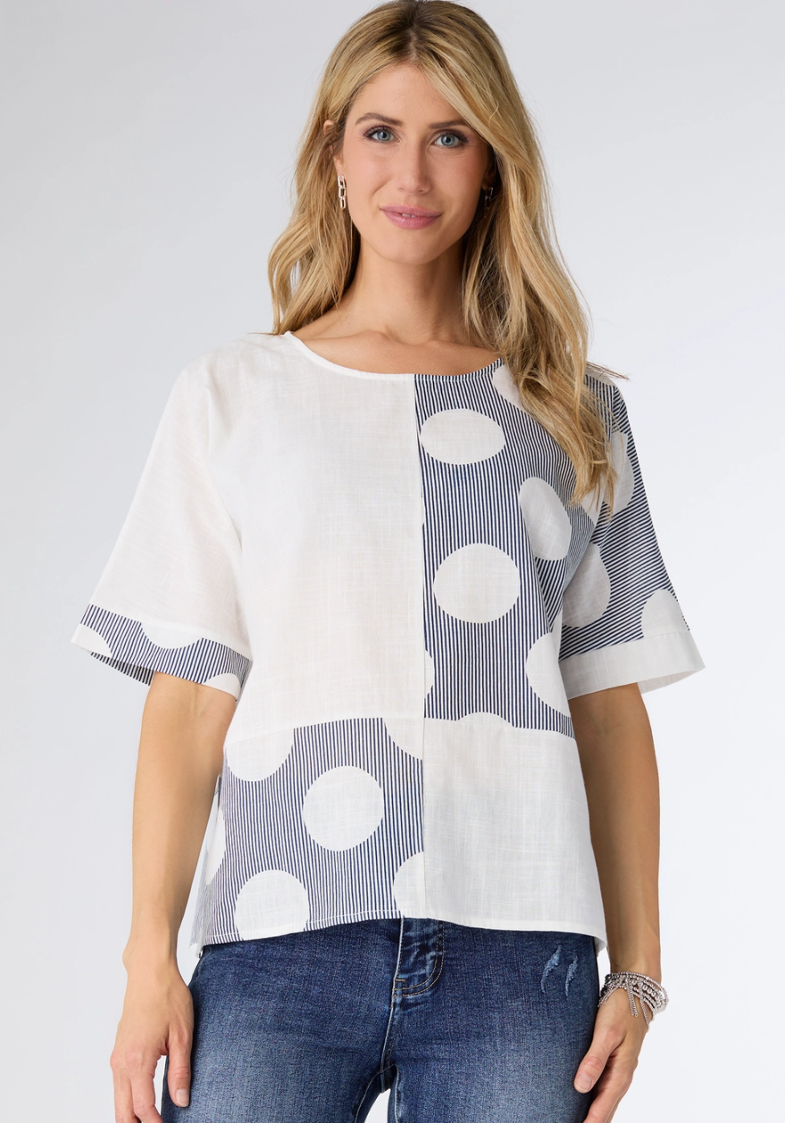 Mazzy Block Print Top - Denim & White