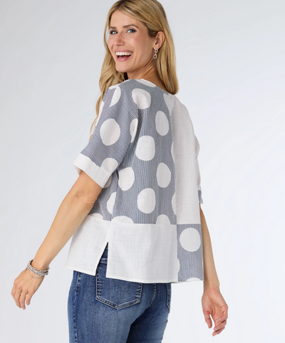 Mazzy Block Print Top - Denim & White