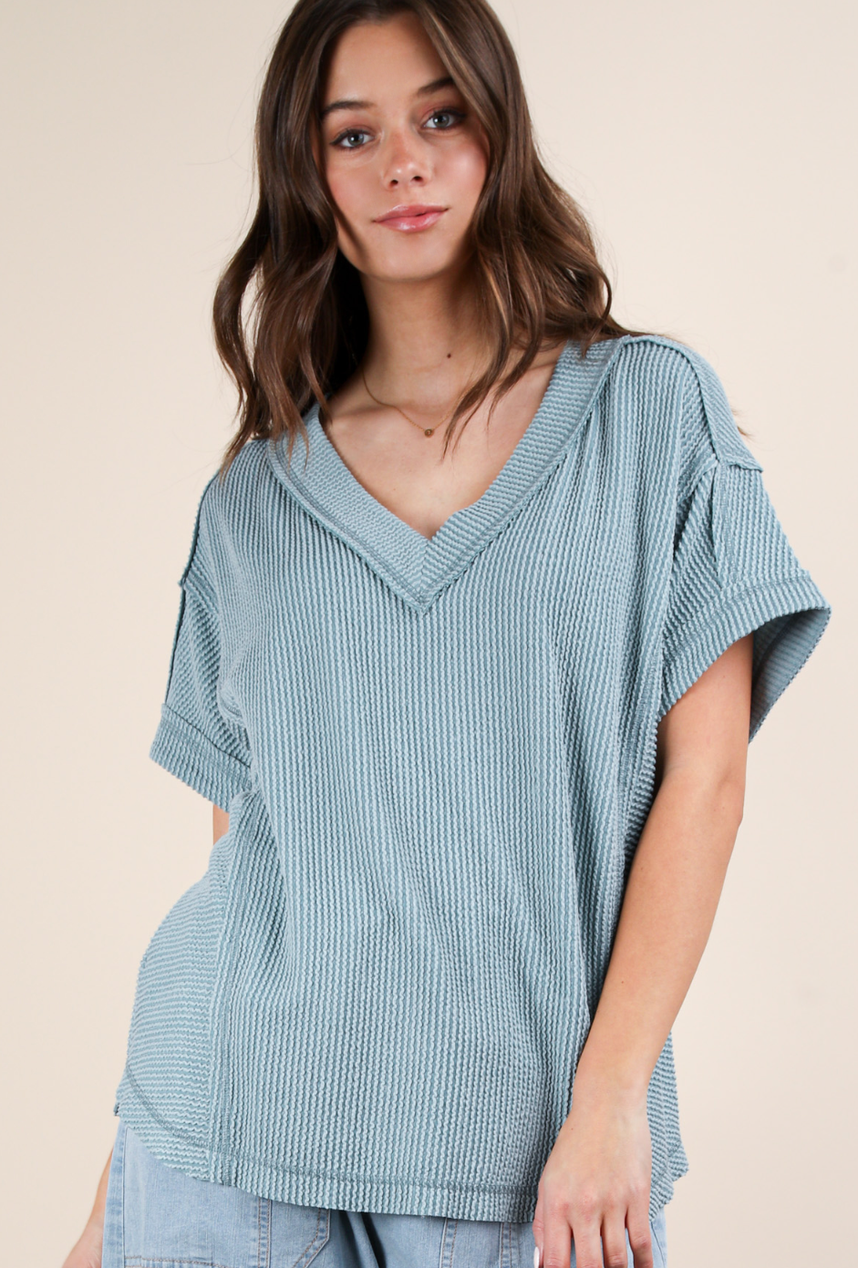 Ribbed V-Neck Short Sleeve - Blue
