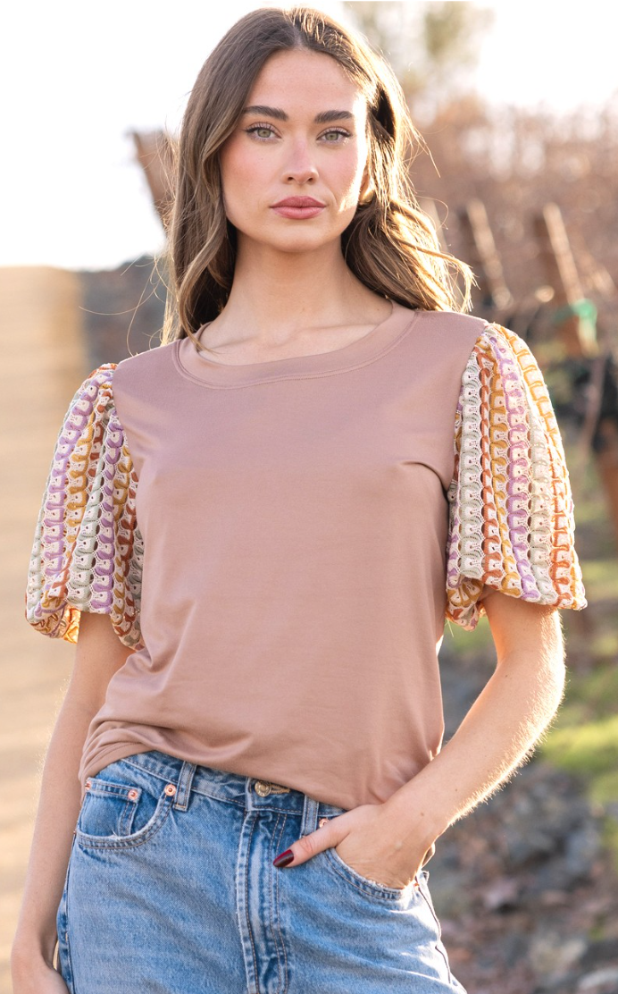 Multi-Fabric Short Sleeve Top - Truffle