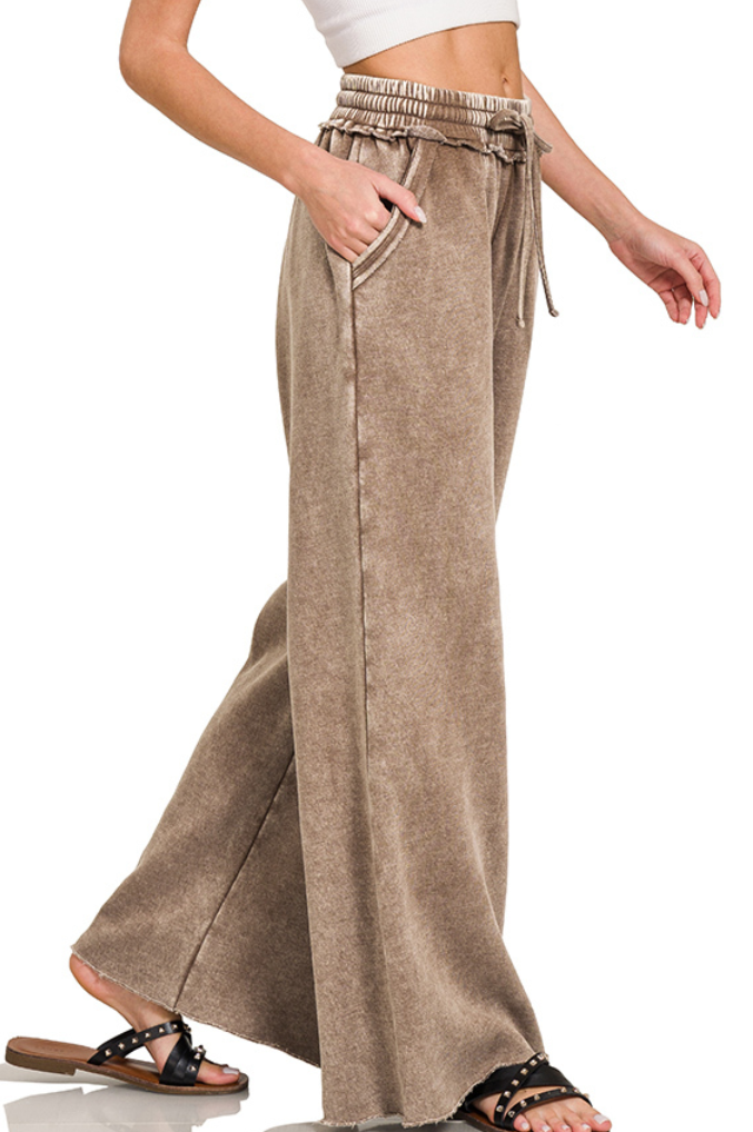 Acid Washed Wide Leg Pants - Mocha
