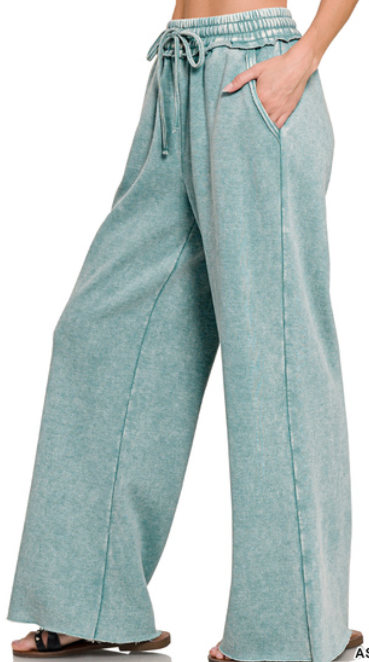 Acid Washed Wide Leg Pants - Ash Blue