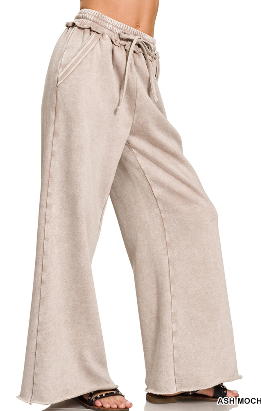 Acid Washed Wide Leg Pants - Ash Mocha