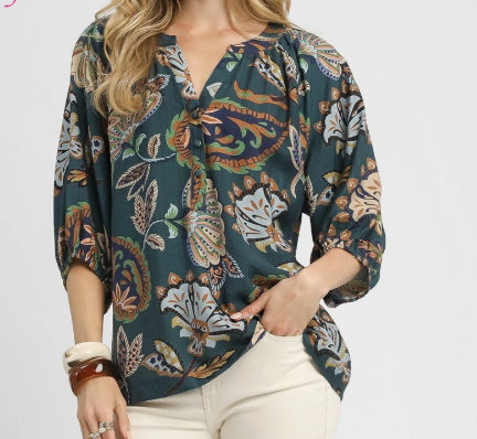 Paisley V-Neck 3/4 Sleeve Top - Teal