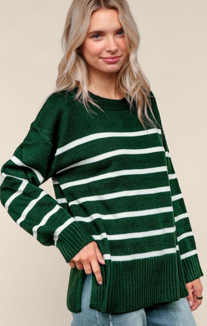 Stripe Sweater Relaxed Fit - Hunter Green