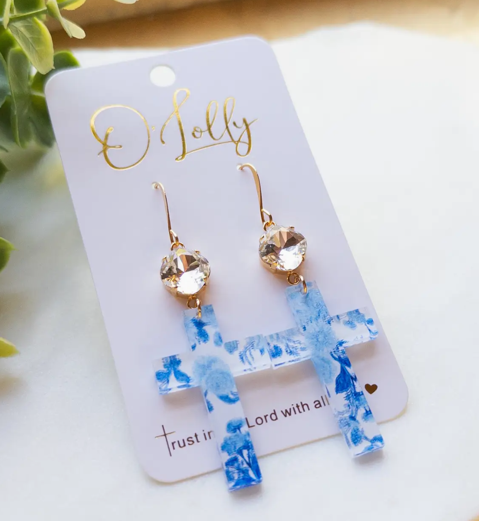 O'Lolly - Blue Floral Acrylis Cross Earrings