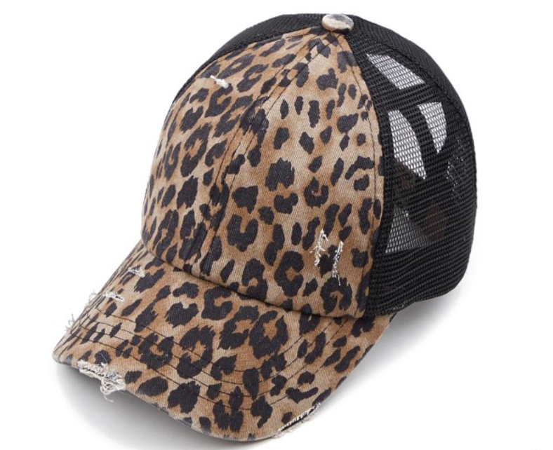 C.C. Distressed Leopard Ponytail Hat