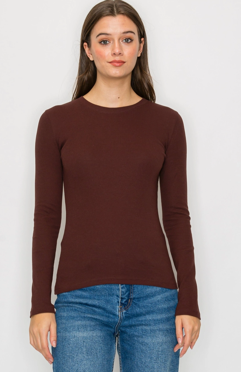 Mini Ribbed Long Sleeve Top - Brown